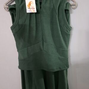 Green Ribbed Sleeveless Top and Skirt Set